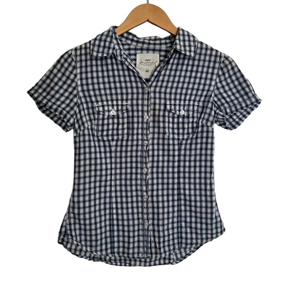 H&M Blue White Striped Short Sleeve Button Up Blouse Size 4